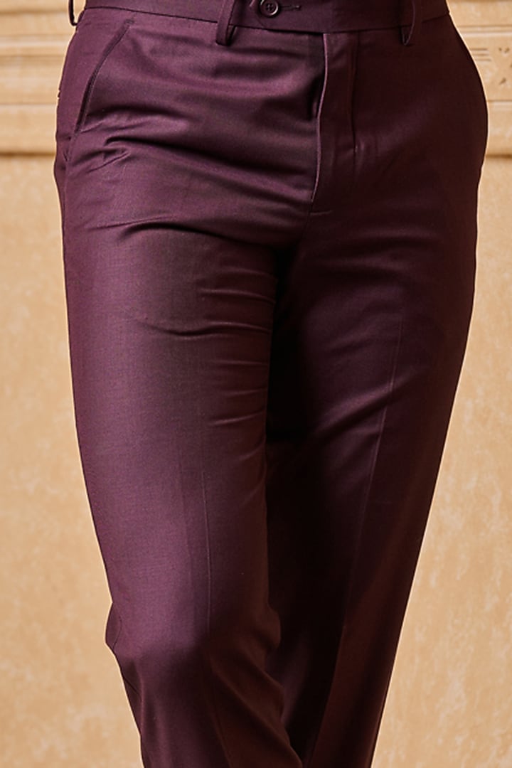 Wine Polyester Blend Trousers by TASVA at Pernia's Pop Up Shop