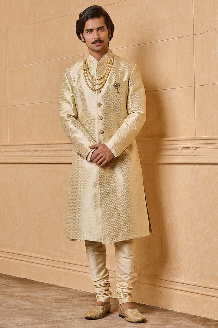 Light Gold Brocade Sherwani Set by TASVA at Pernia's Pop Up Shop