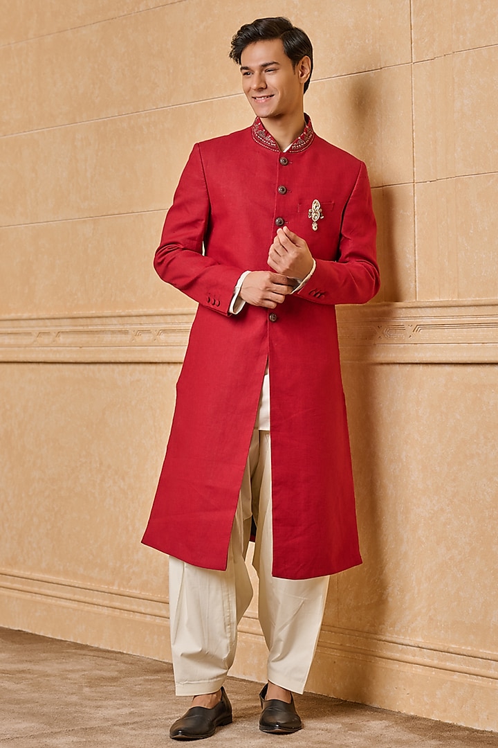 Maroon Linen Dori Embroidered Sherwani Set by TASVA at Pernia's Pop Up Shop