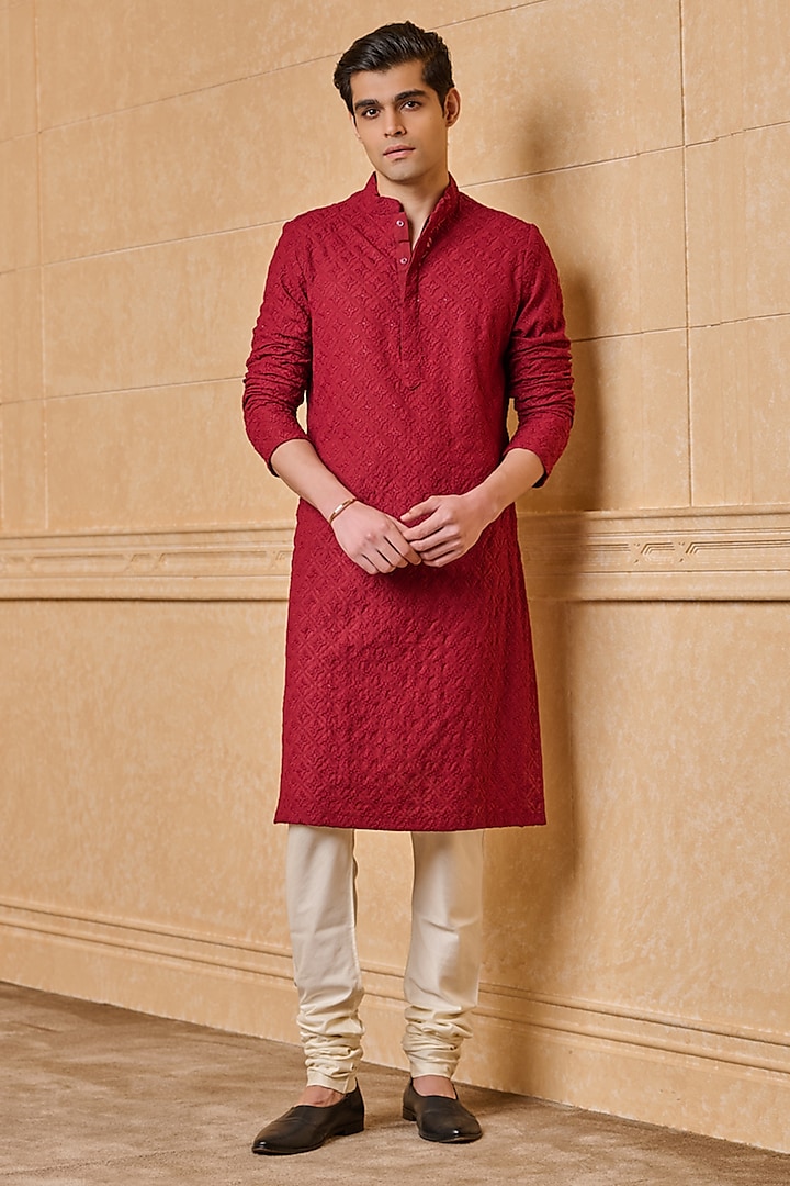 Maroon Cotton Embroidered Kurta Set by TASVA