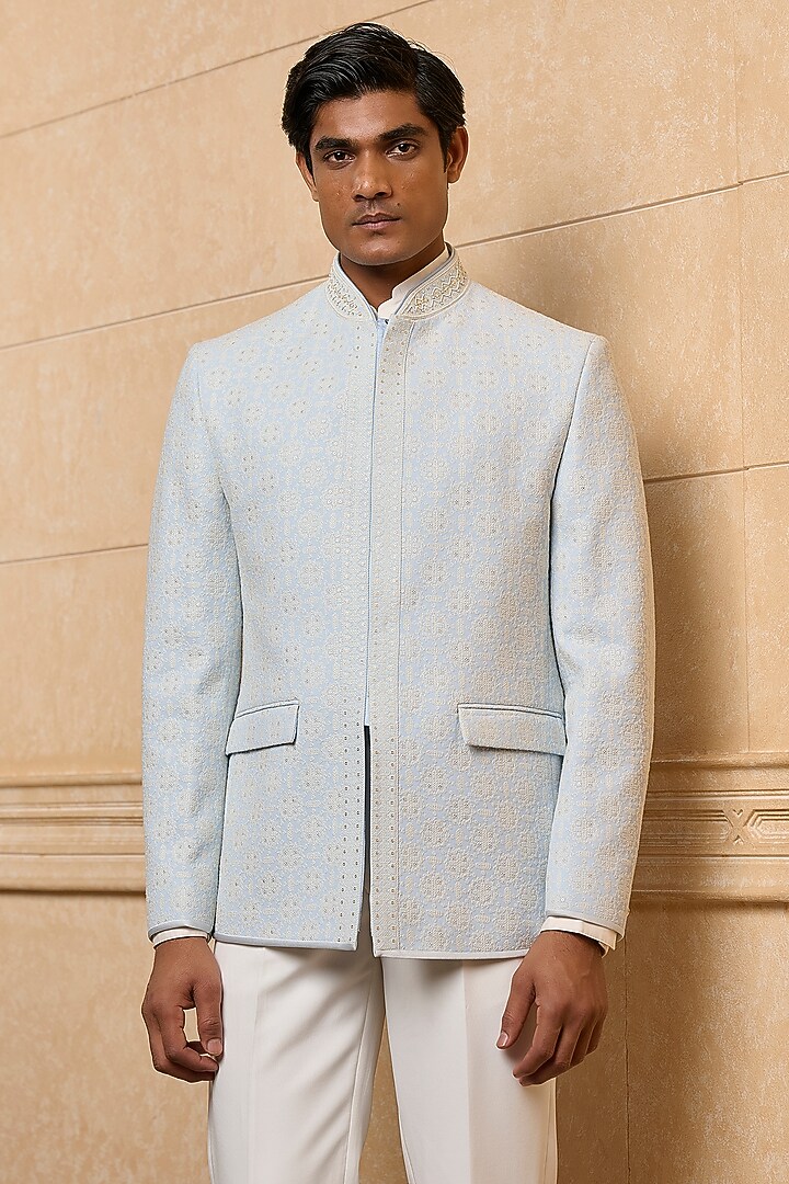 Light Blue Viscose Embroidered Wedding Bandhgala Set by TASVA at Pernia's Pop Up Shop