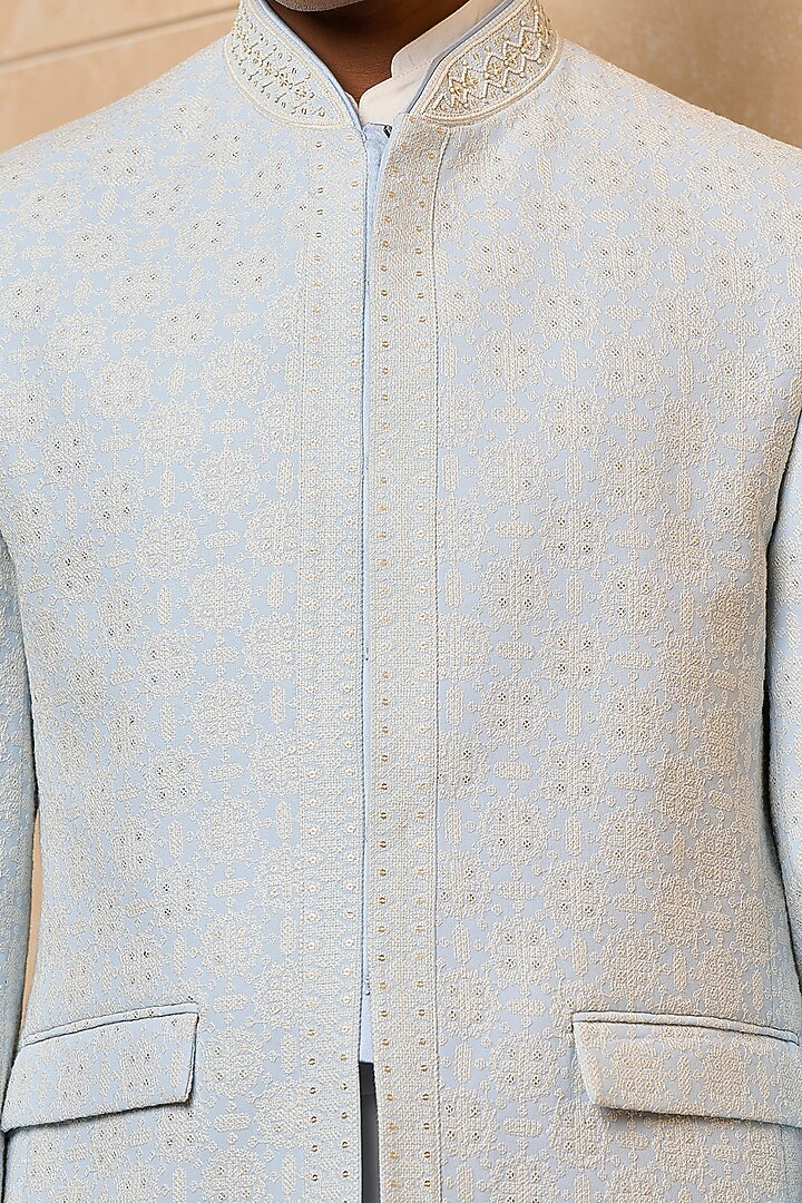 Light Blue Viscose Embroidered Wedding Bandhgala Set by TASVA at Pernia's Pop Up Shop