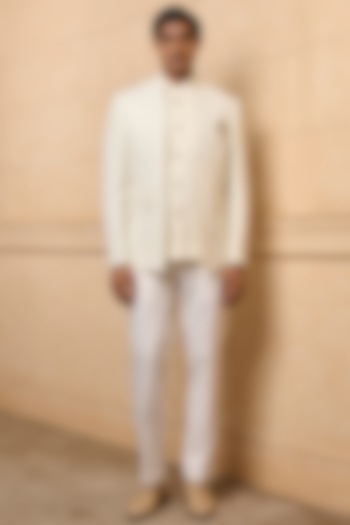 White Brocade Wedding Bandhgala Set by TASVA at Pernia's Pop Up Shop