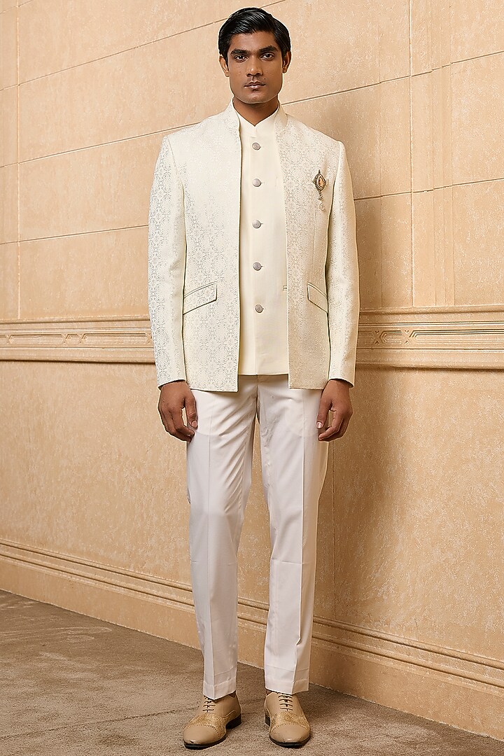 White Brocade Wedding Bandhgala Set by TASVA at Pernia's Pop Up Shop