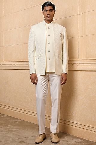 White Brocade Bandhgala Set by TASVA