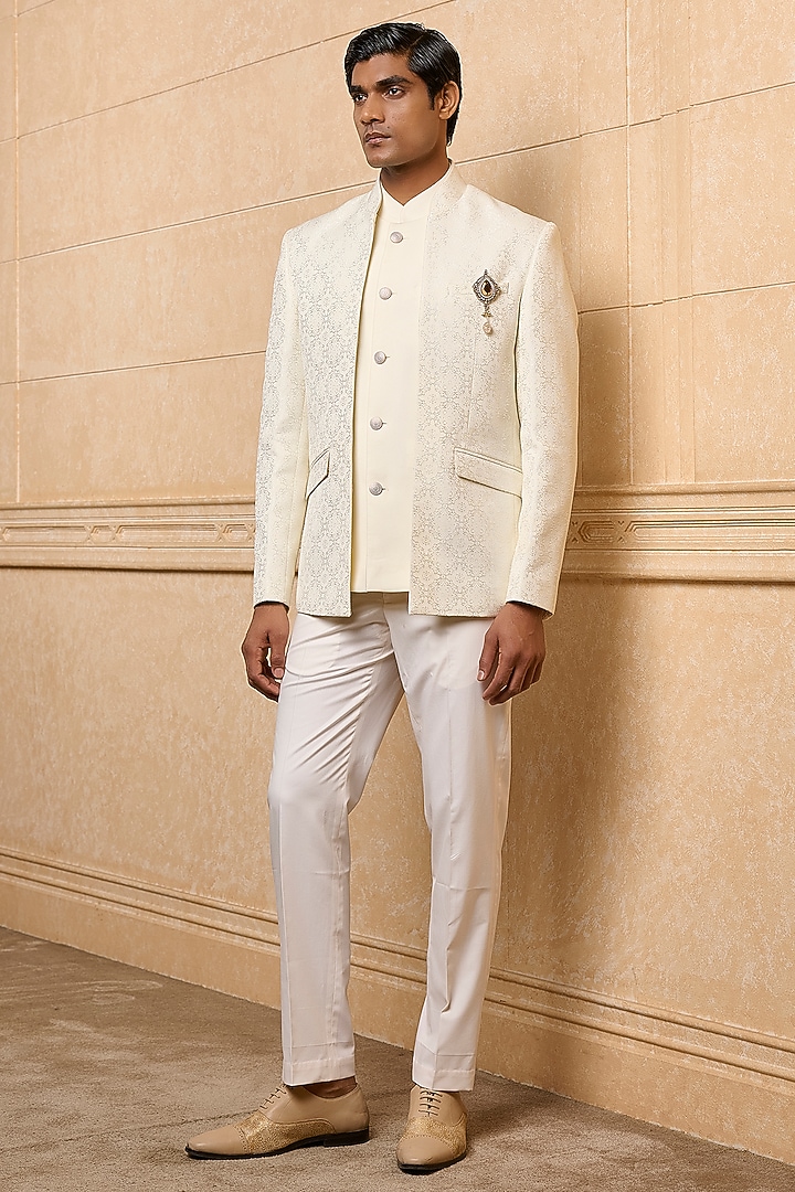 White Brocade Wedding Bandhgala Set by TASVA at Pernia's Pop Up Shop