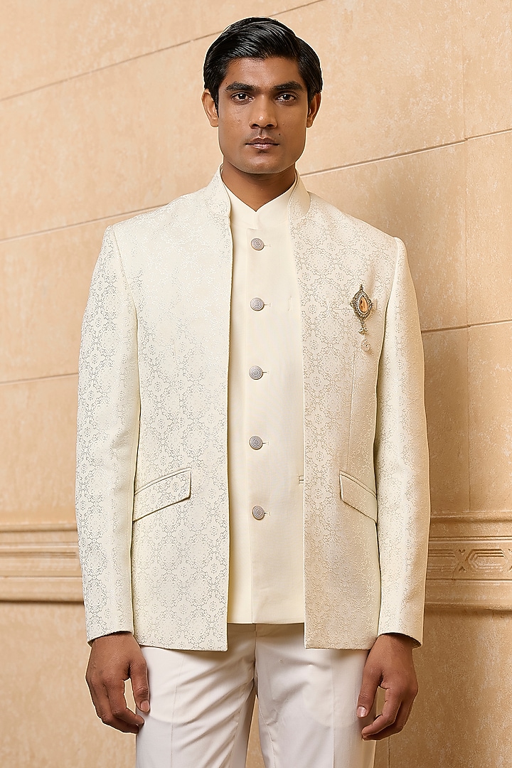 White Brocade Wedding Bandhgala Set by TASVA at Pernia's Pop Up Shop