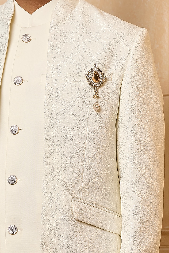 White Brocade Wedding Bandhgala Set by TASVA at Pernia's Pop Up Shop