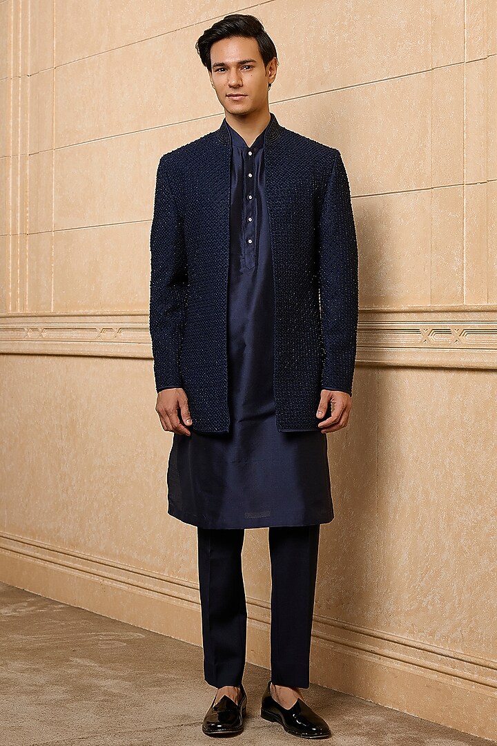 Navy Poly Viscose Blend Embroidered Wedding Indowestern Set by TASVA at Pernia's Pop Up Shop