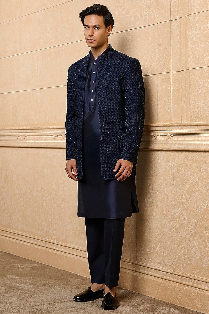Navy Poly Viscose Blend Embroidered Wedding Indowestern Set by TASVA at Pernia's Pop Up Shop