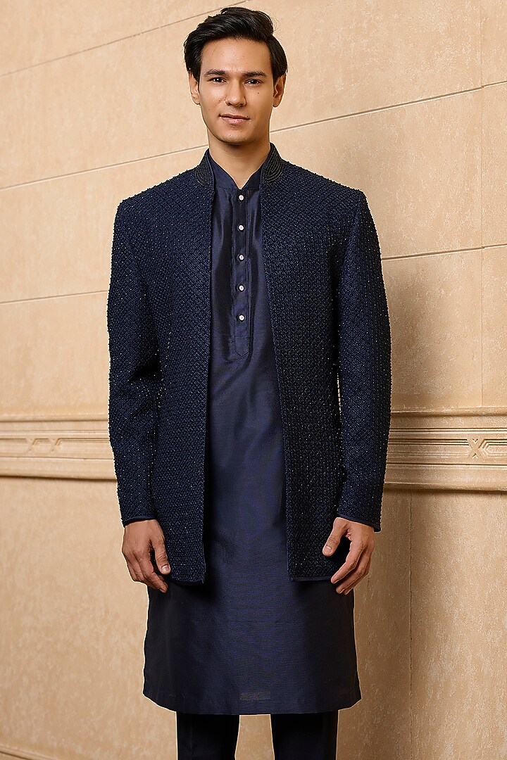 Navy Poly Viscose Blend Embroidered Wedding Indowestern Set by TASVA at Pernia's Pop Up Shop