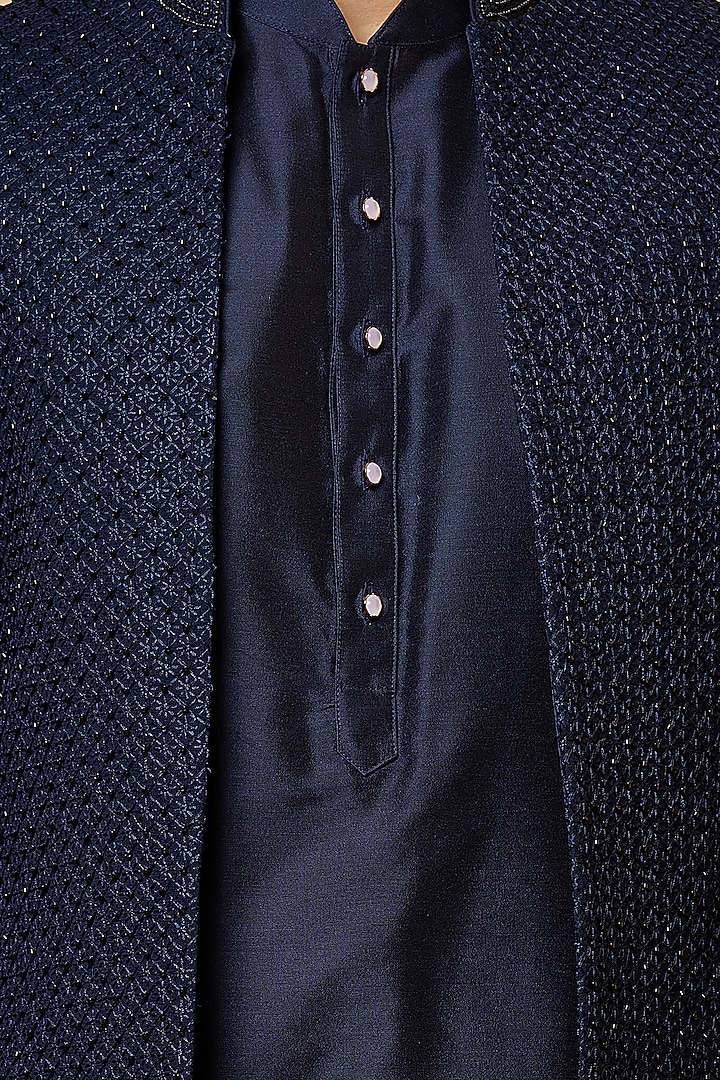 Navy Poly Viscose Blend Embroidered Wedding Indowestern Set by TASVA at Pernia's Pop Up Shop