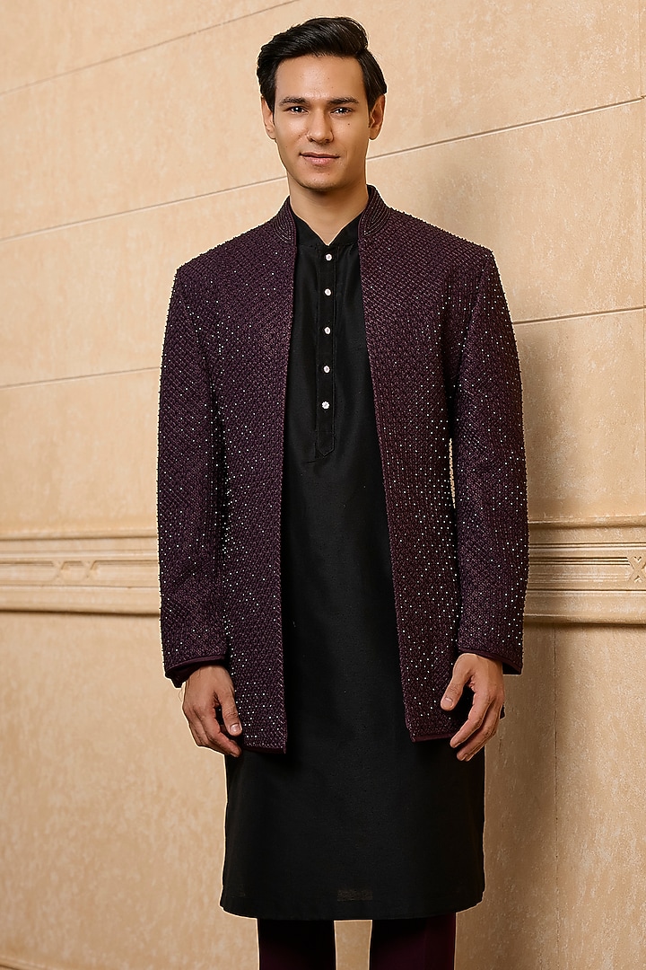 Wine Poly Viscose Blend Embroidered Wedding Indowestern Set by TASVA at Pernia's Pop Up Shop