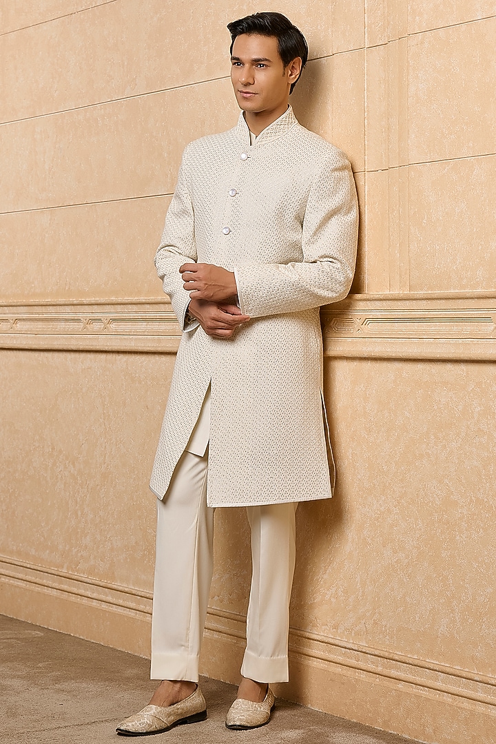 Ivory Poly Viscose Blend Embroidered Indowestern Set by TASVA at Pernia's Pop Up Shop
