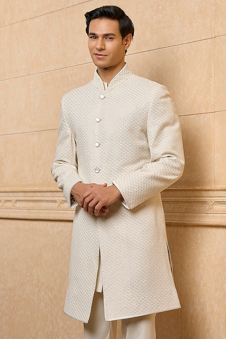 Ivory Poly Viscose Blend Embroidered Indowestern Set by TASVA at Pernia's Pop Up Shop