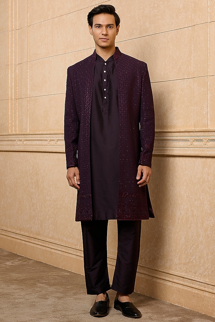 Wine Viscose Embroidered Wedding Indowestern Set by TASVA at Pernia's Pop Up Shop
