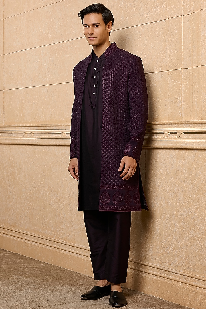 Wine Viscose Embroidered Wedding Indowestern Set by TASVA at Pernia's Pop Up Shop