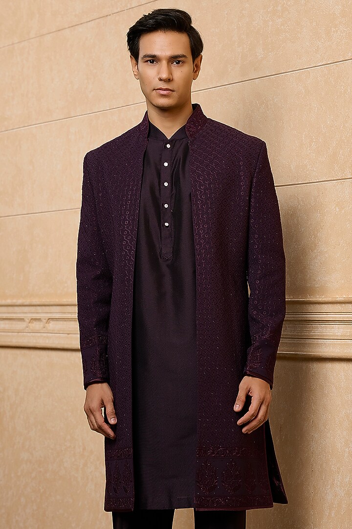 Wine Viscose Embroidered Wedding Indowestern Set by TASVA at Pernia's Pop Up Shop