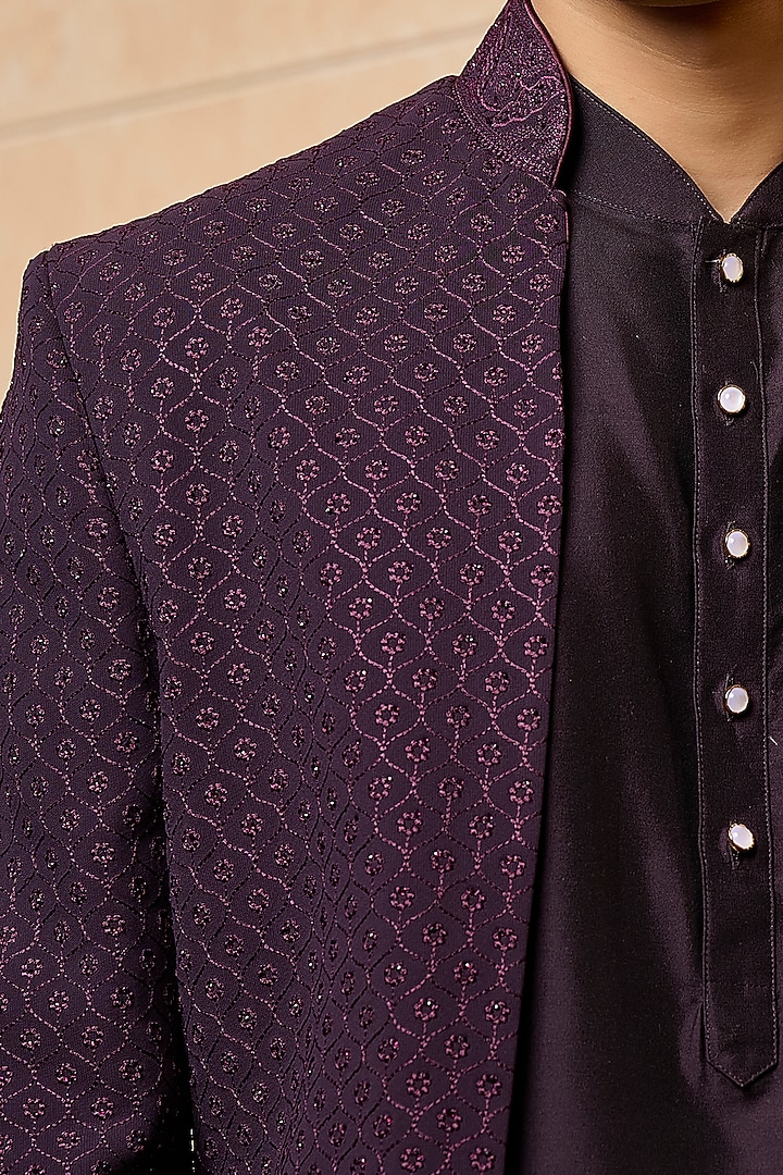 Wine Viscose Embroidered Wedding Indowestern Set by TASVA at Pernia's Pop Up Shop