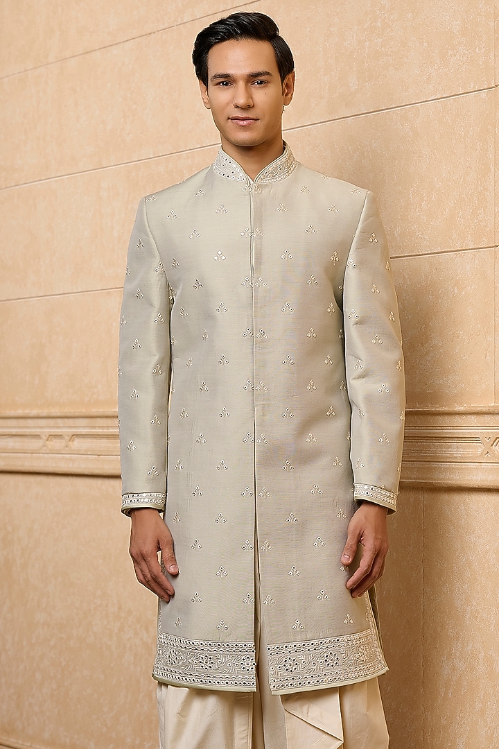 Green Poly Viscose Blend Embroidered Indowestern Set by TASVA at Pernia's Pop Up Shop