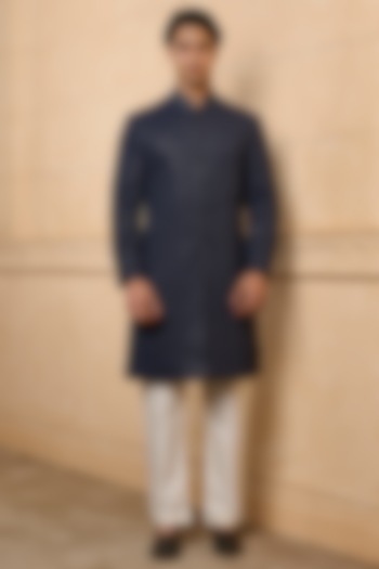 Navy Blue Poly Viscose Blend Resham Embroidered Indowestern Set by TASVA at Pernia's Pop Up Shop