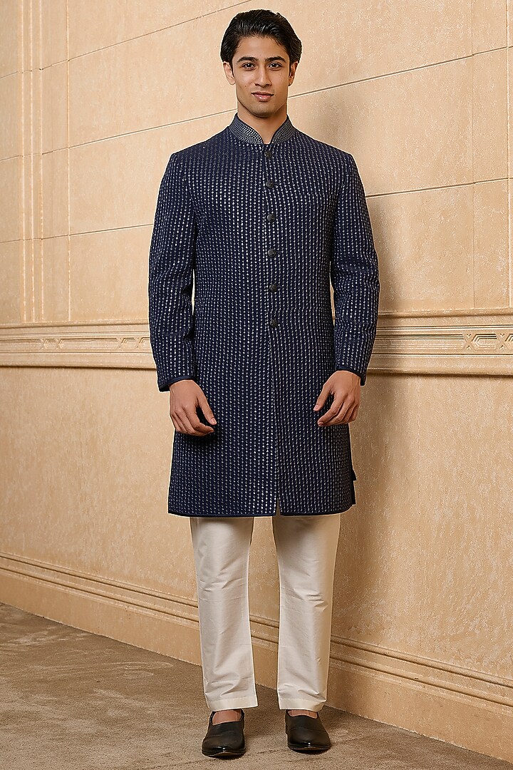 Navy Blue Poly Viscose Blend Resham Embroidered Indowestern Set by TASVA at Pernia's Pop Up Shop