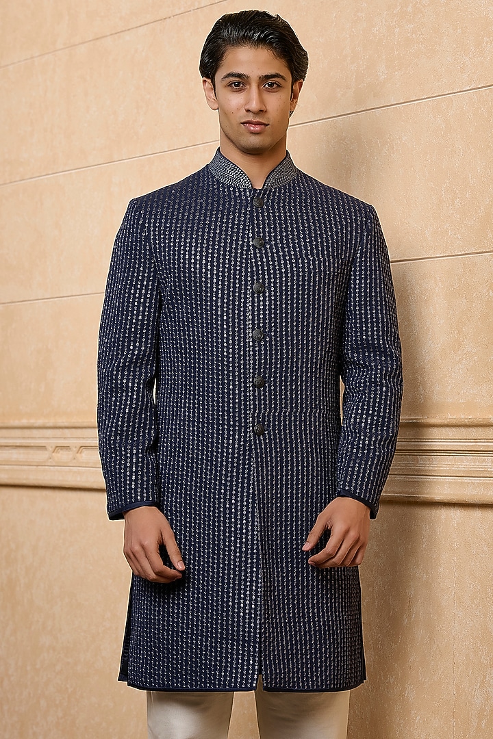 Navy Blue Poly Viscose Blend Resham Embroidered Indowestern Set by TASVA at Pernia's Pop Up Shop
