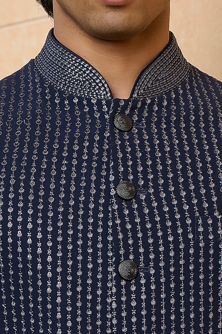 Navy Blue Poly Viscose Blend Resham Embroidered Indowestern Set by TASVA at Pernia's Pop Up Shop