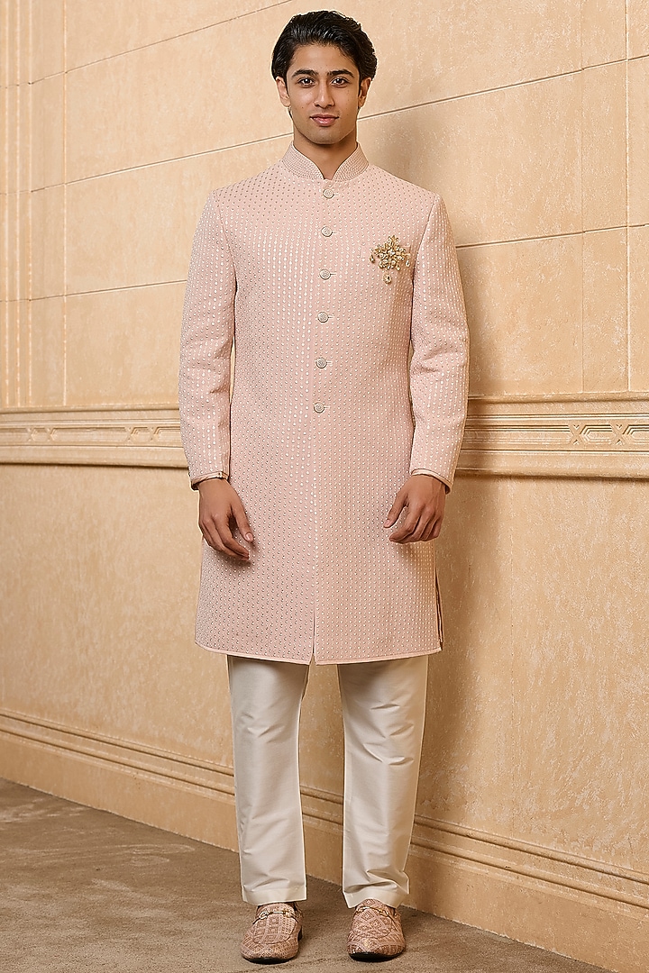Pink Poly Viscose Blend Resham Embroidered Indowestern Set by TASVA at Pernia's Pop Up Shop