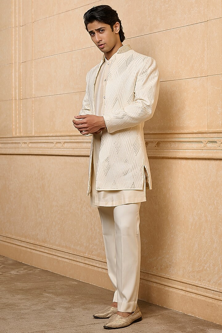 Ivory Poly Viscose Blend Resham Embroidered Wedding Indowestern Set by TASVA at Pernia's Pop Up Shop
