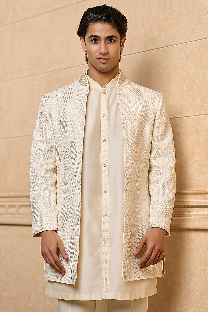 Ivory Poly Viscose Blend Resham Embroidered Wedding Indowestern Set by TASVA at Pernia's Pop Up Shop