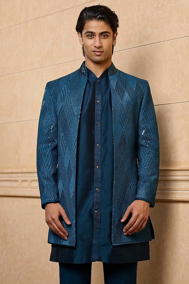 Teal Poly Viscose Blend Resham Embroidered Wedding Indowestern Set by TASVA at Pernia's Pop Up Shop