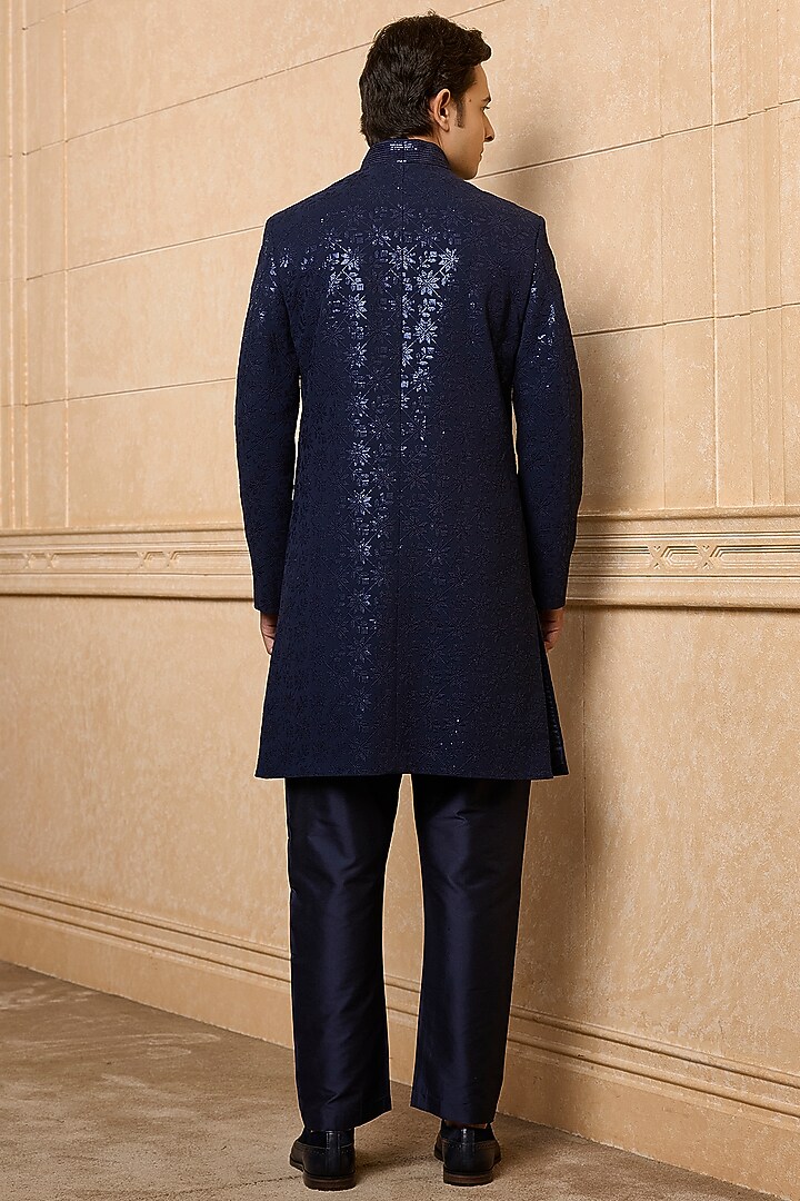 Navy Poly Viscose Blend Sequins Embroidered Wedding Indowestern Set by TASVA at Pernia's Pop Up Shop