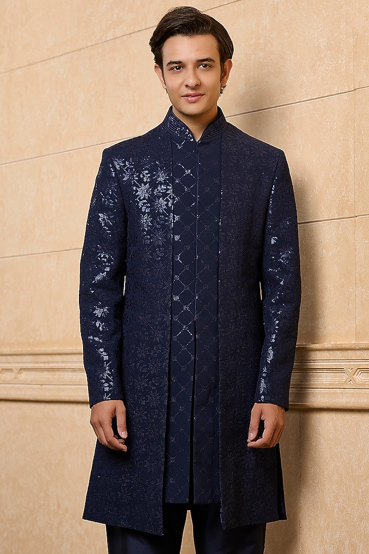 Navy Poly Viscose Blend Sequins Embroidered Wedding Indowestern Set by TASVA at Pernia's Pop Up Shop