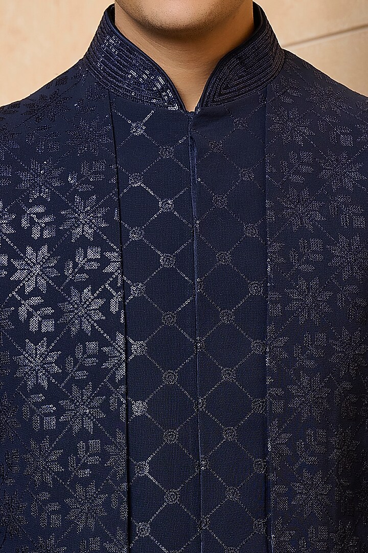 Navy Poly Viscose Blend Sequins Embroidered Wedding Indowestern Set by TASVA at Pernia's Pop Up Shop