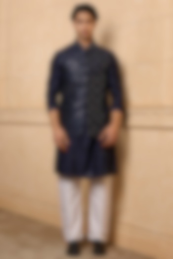 Navy Viscose Blend Embroidered Bundi Jacket Set by TASVA at Pernia's Pop Up Shop