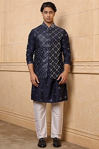 Navy Viscose Blend Embroidered Bundi Jacket Set by TASVA