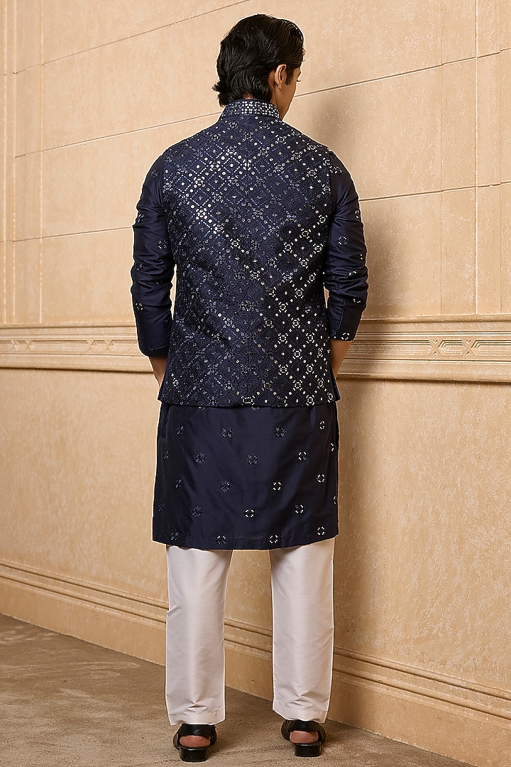 Navy Viscose Blend Embroidered Bundi Jacket Set by TASVA at Pernia's Pop Up Shop