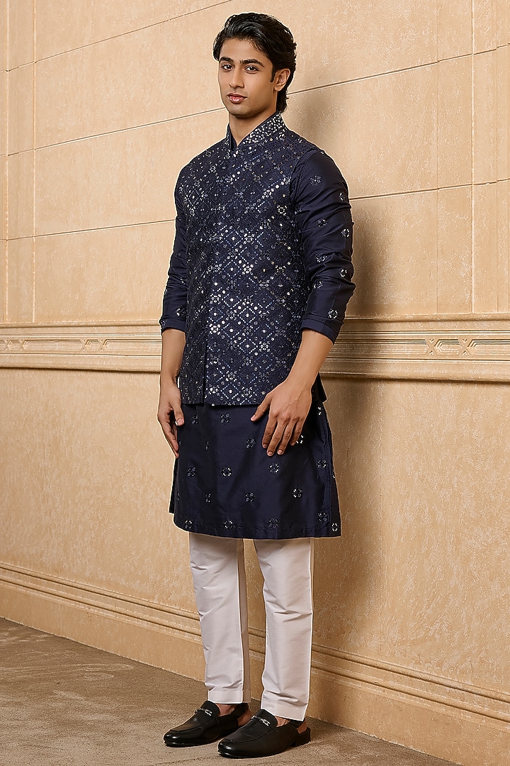 Navy Viscose Blend Embroidered Bundi Jacket Set by TASVA at Pernia's Pop Up Shop