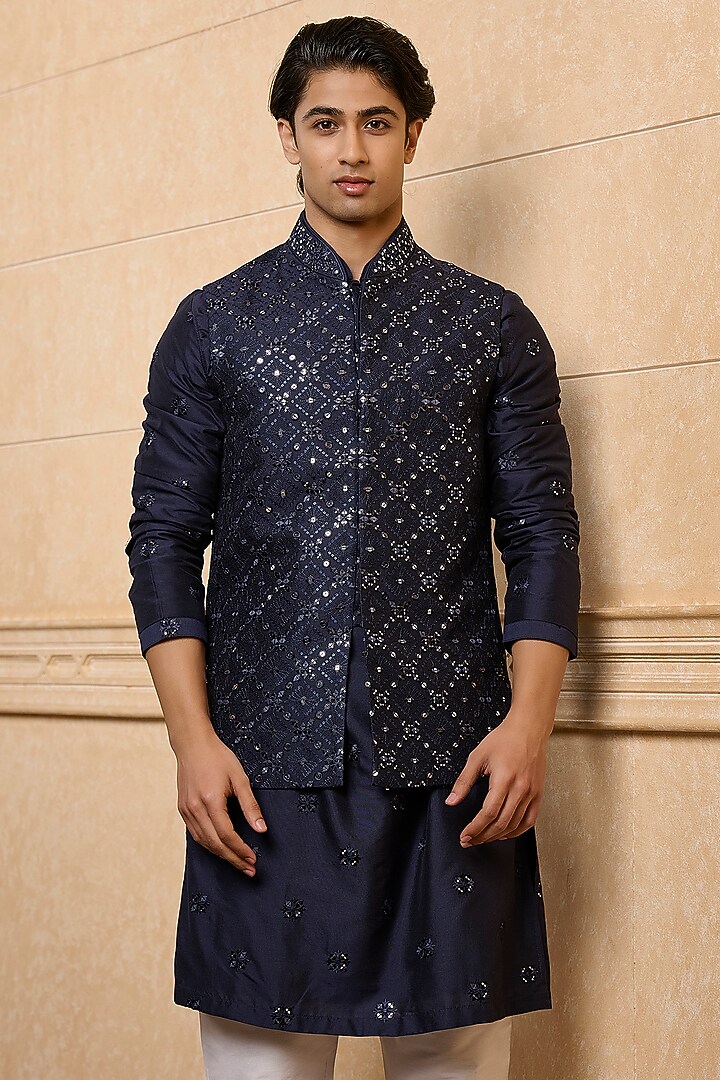 Navy Viscose Blend Embroidered Bundi Jacket Set by TASVA at Pernia's Pop Up Shop