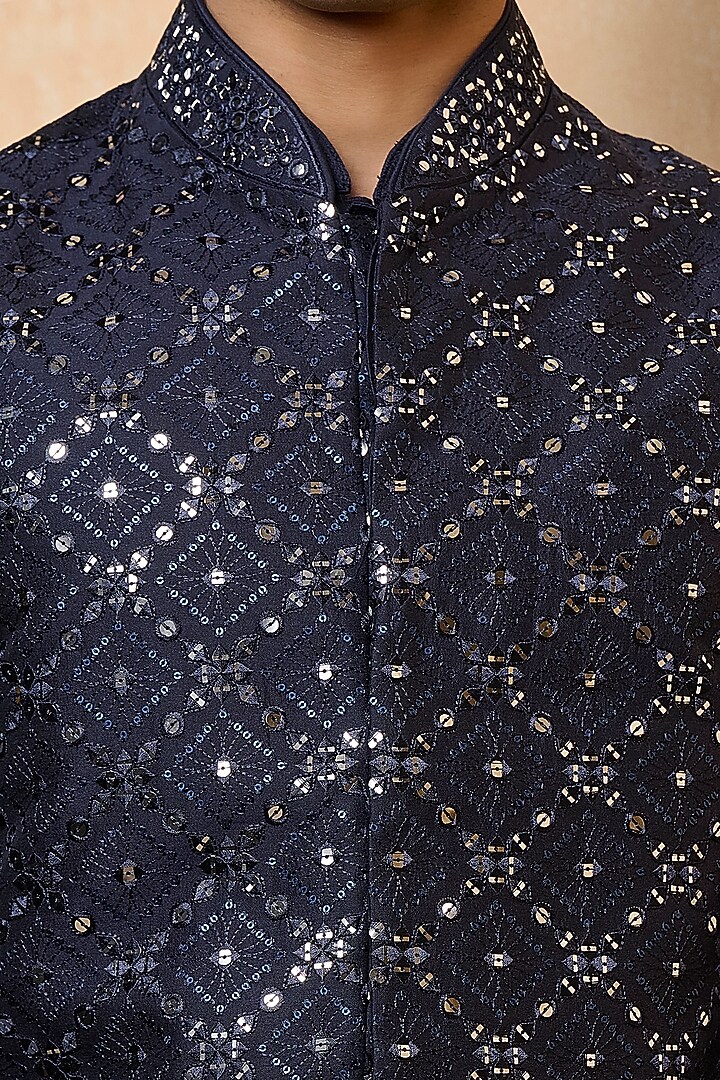 Navy Viscose Blend Embroidered Bundi Jacket Set by TASVA at Pernia's Pop Up Shop