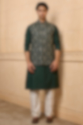 Dark Green Viscose Embroidered Bundi Jacket Set by TASVA at Pernia's Pop Up Shop