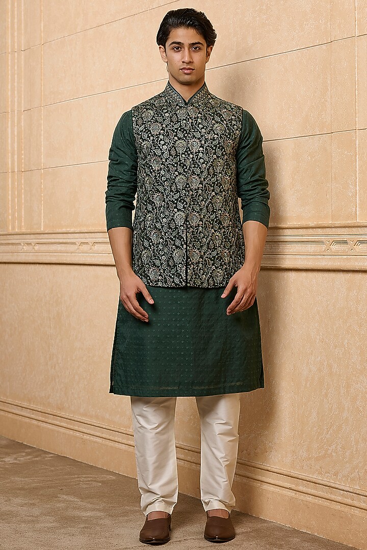 Dark Green Viscose Embroidered Bundi Jacket Set by TASVA at Pernia's Pop Up Shop