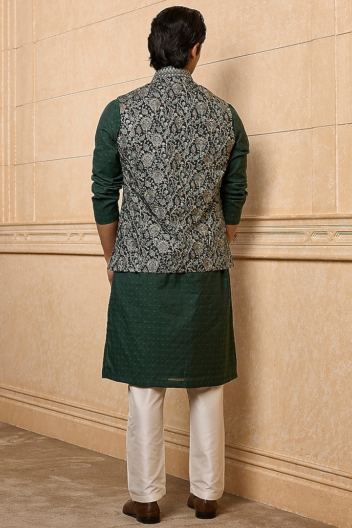 Dark Green Viscose Embroidered Bundi Jacket Set by TASVA at Pernia's Pop Up Shop