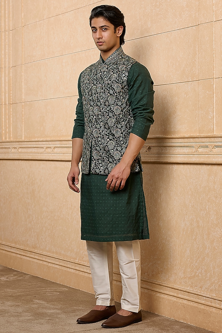 Dark Green Viscose Embroidered Bundi Jacket Set by TASVA at Pernia's Pop Up Shop