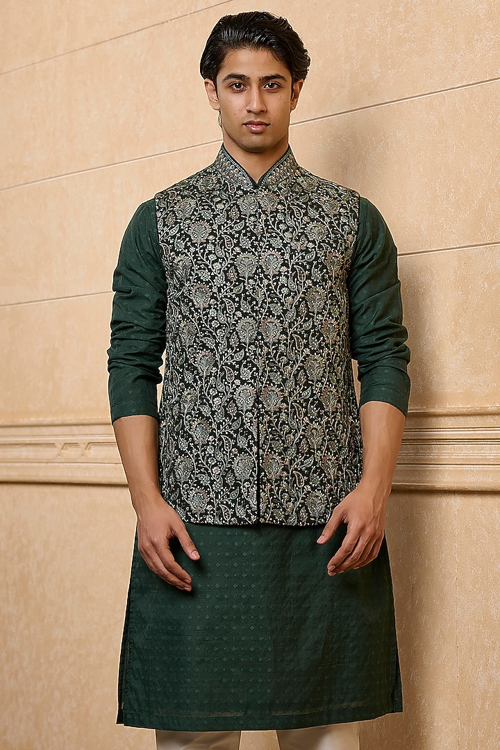 Dark Green Viscose Embroidered Bundi Jacket Set by TASVA at Pernia's Pop Up Shop