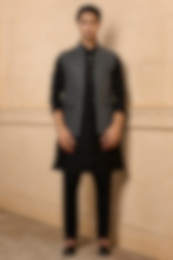 Black Viscose Embroidered Bundi Jacket Set by TASVA at Pernia's Pop Up Shop