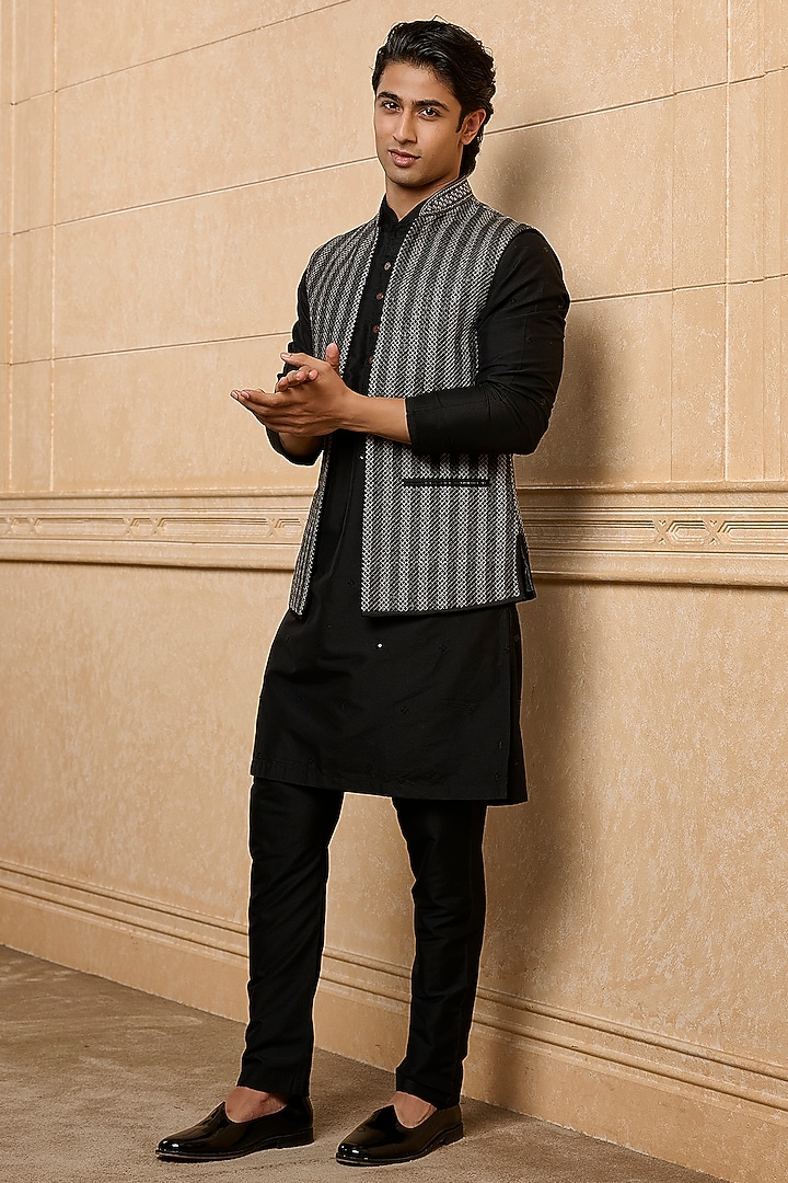 Black Viscose Embroidered Bundi Jacket Set by TASVA at Pernia's Pop Up Shop
