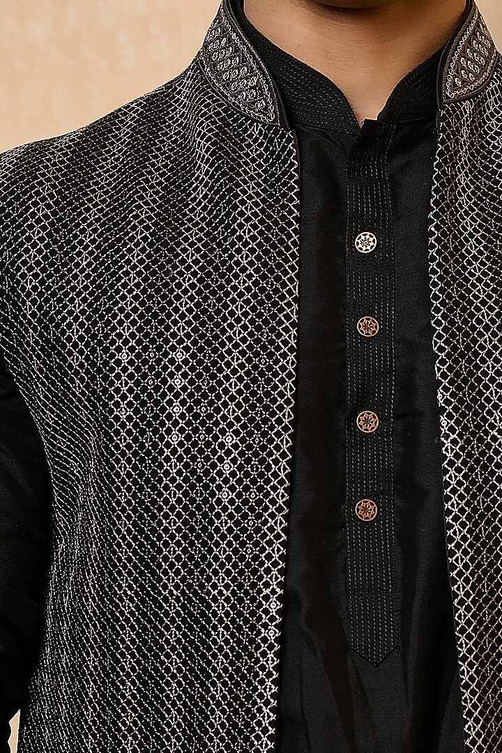 Black Viscose Embroidered Bundi Jacket Set by TASVA at Pernia's Pop Up Shop