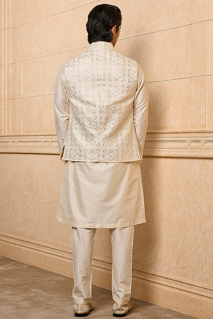 Ivory Viscose Embroidered Bundi Jacket Set by TASVA at Pernia's Pop Up Shop